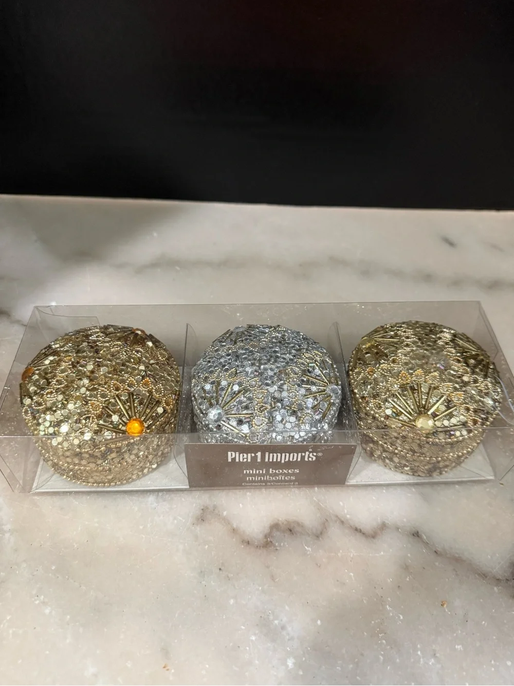 Set of three Pier 1 Imports mini trinket boxes adorned with intricate beading